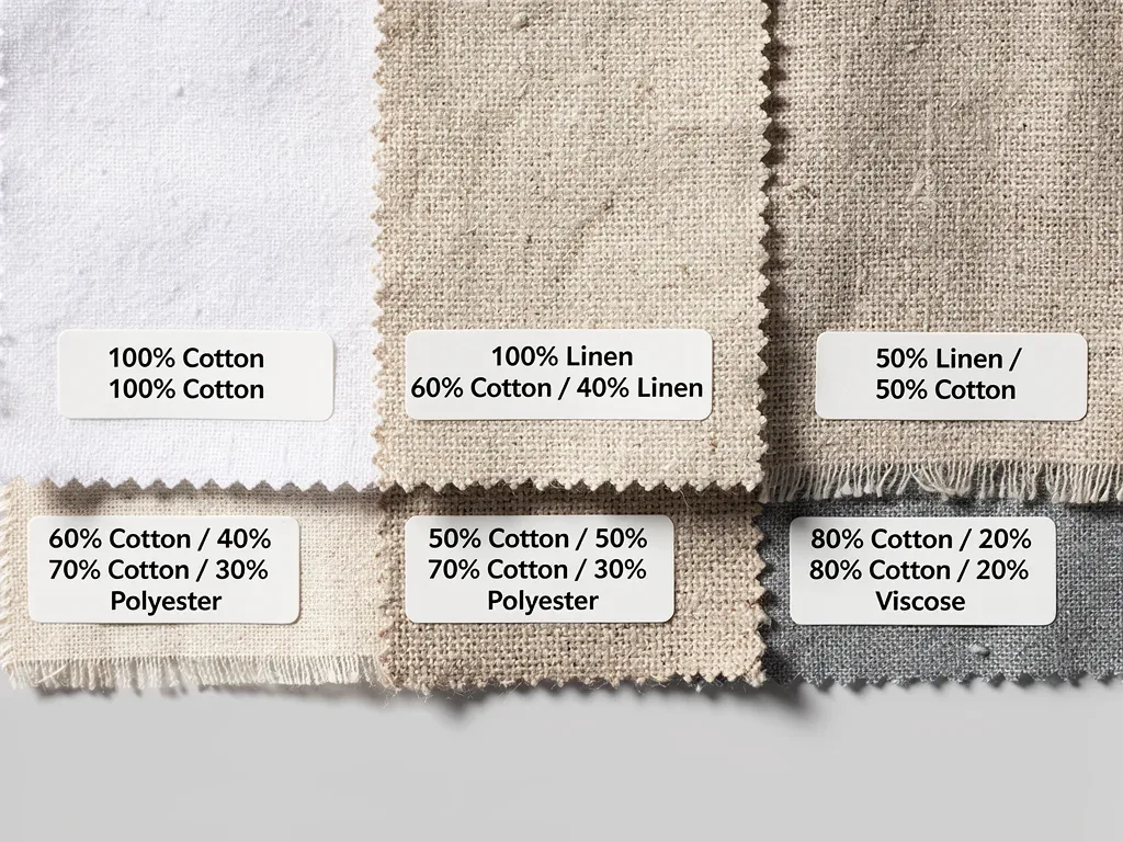 Close-up of various fabric swatches for button-down shirts, detailing cotton, linen, and blends