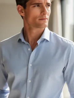 Man in light blue casual button-down, showcasing excellent fit and fabric quality