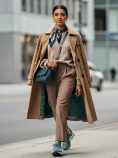 Woman in stylish casual outfit with warm neutrals and muted teal