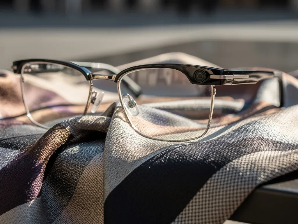 Elegant smart glasses on a designer scarf, showcasing fashion tech innovation