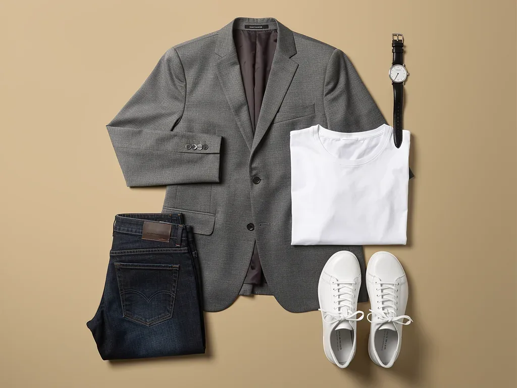 Flat lay of a smart casual blazer outfit with accessories