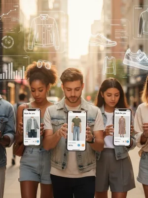 Diverse models in personalized casual wear, interacting with fashion tech