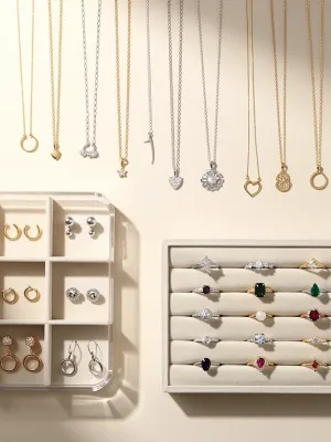 Organized jewelry collection with necklaces, earrings, and rings
