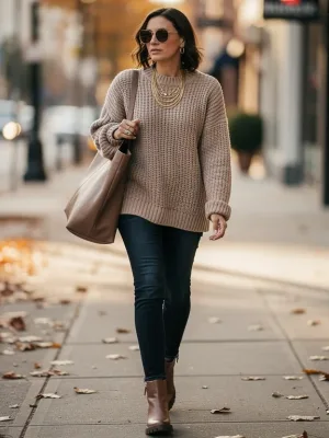 Woman showcasing fall 2026 casual accessory trends with a tote bag and layered necklaces