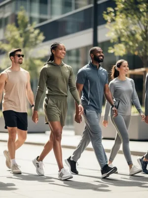 Stylish individuals showcasing casual athleisure trends in an urban setting