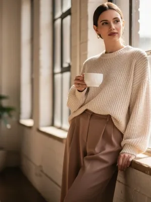 Woman in oversized knit and wide-leg trousers, embodying the comfort core trend in a modern setting.