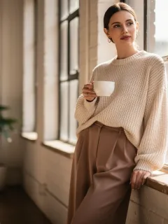 Woman in oversized knit and wide-leg trousers, embodying the comfort core trend in a modern setting.