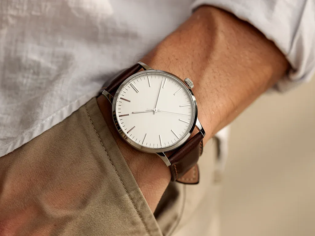 Minimalist watch on wrist, stainless steel, leather strap