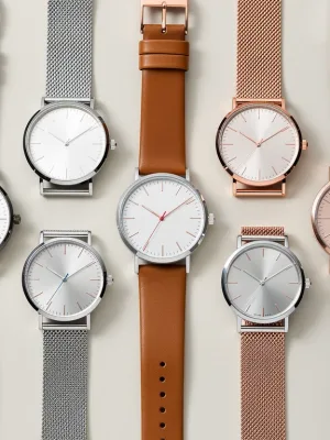 Collection of minimalist watches, clean designs, affordable elegance