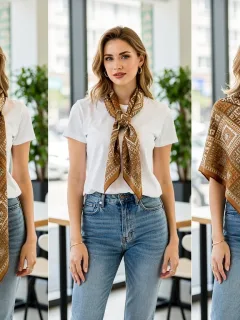 Woman styling a versatile scarf for three different casual looks