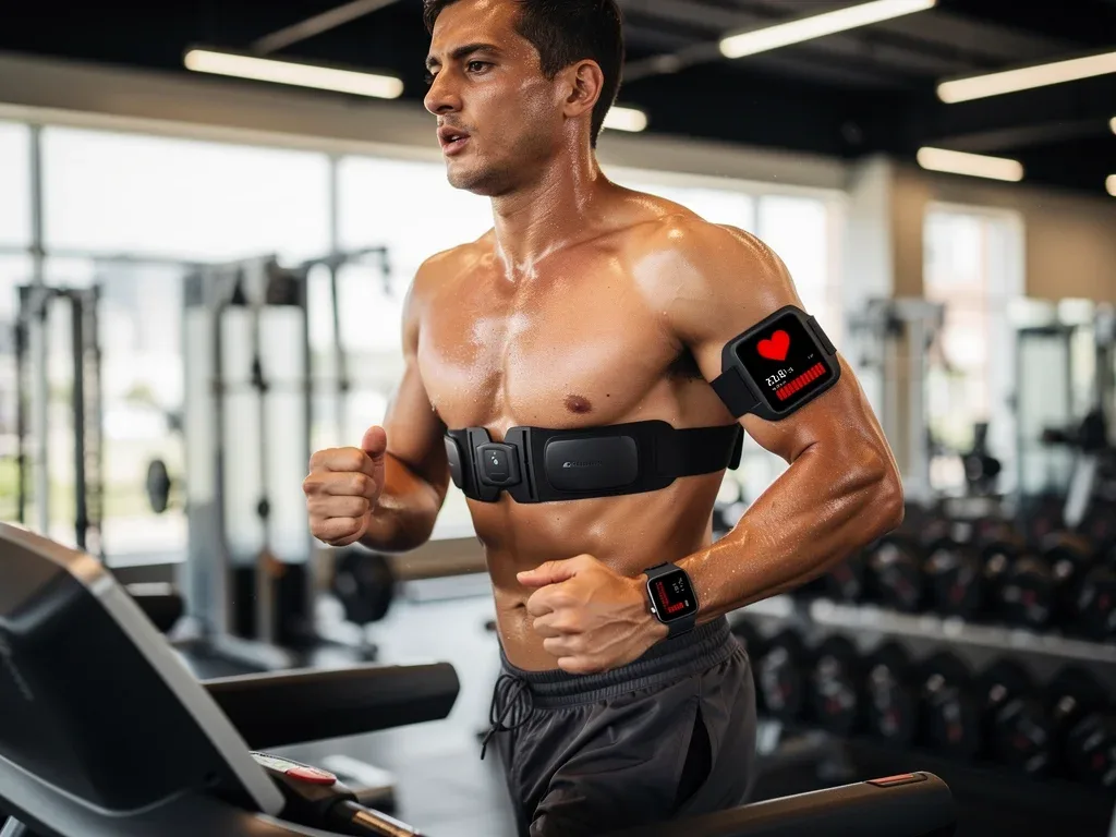 Athlete using a smartwatch with advanced chest strap heart rate monitor during exercise