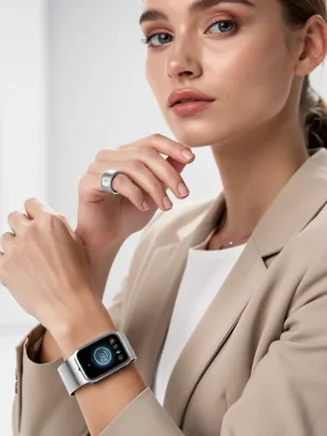 Elegant woman showcasing smart jewelry, a blend of fashion and advanced technology.