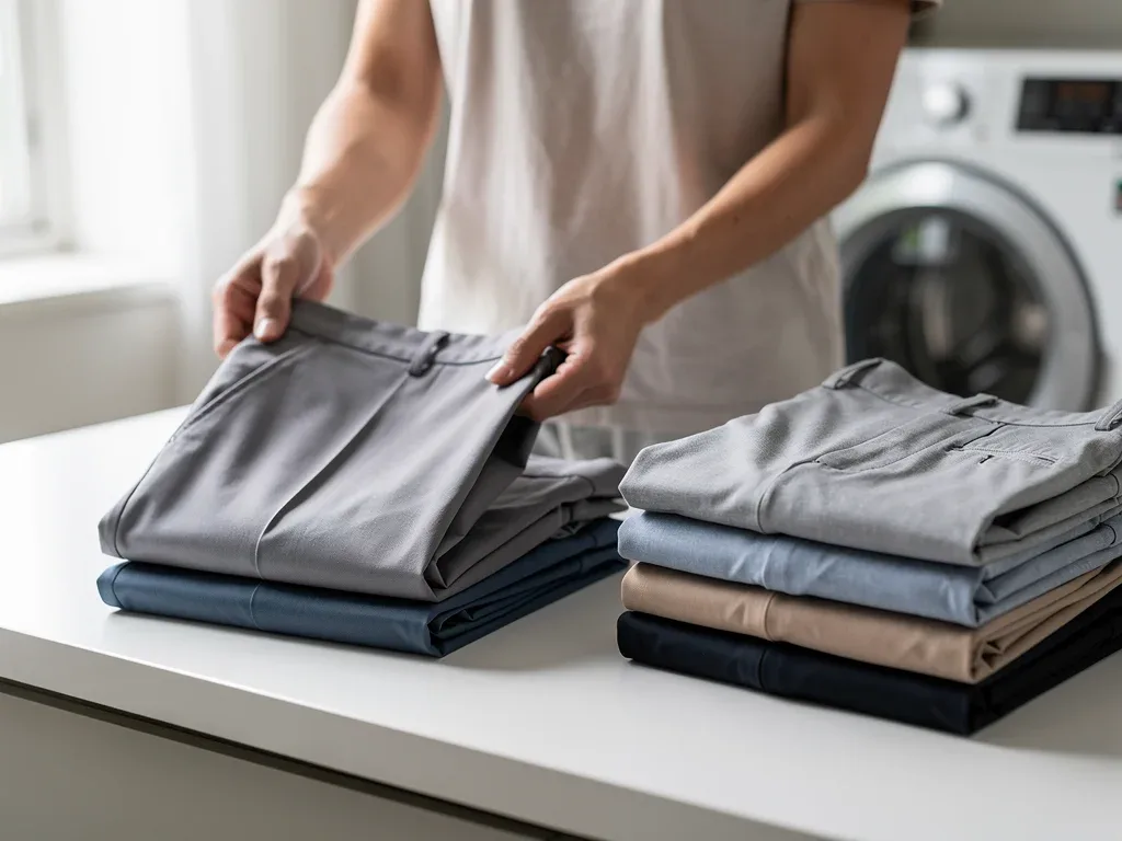 Person folding freshly laundered casual dress pants without ironing