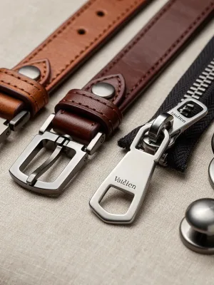 Collection of durable handbag accessories like metal clasps, leather straps, and zippers