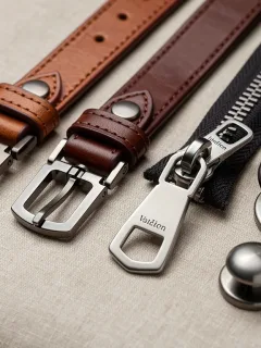 Collection of durable handbag accessories like metal clasps, leather straps, and zippers