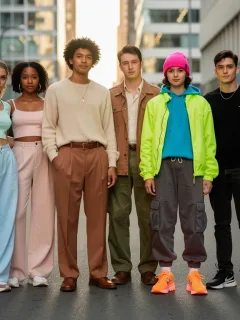 Gen Z individuals in diverse casual outfits featuring new color combinations.