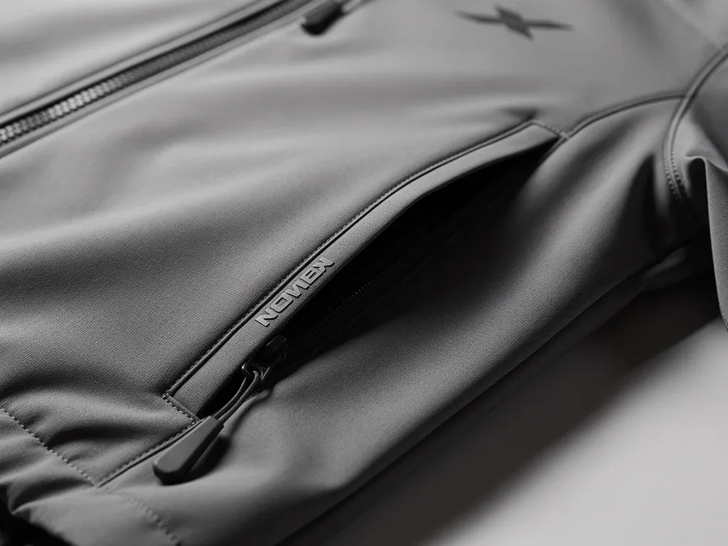 Detail shot of a 2026 casual jacket showcasing innovative features like waterproof zippers and advanced fabric technology.