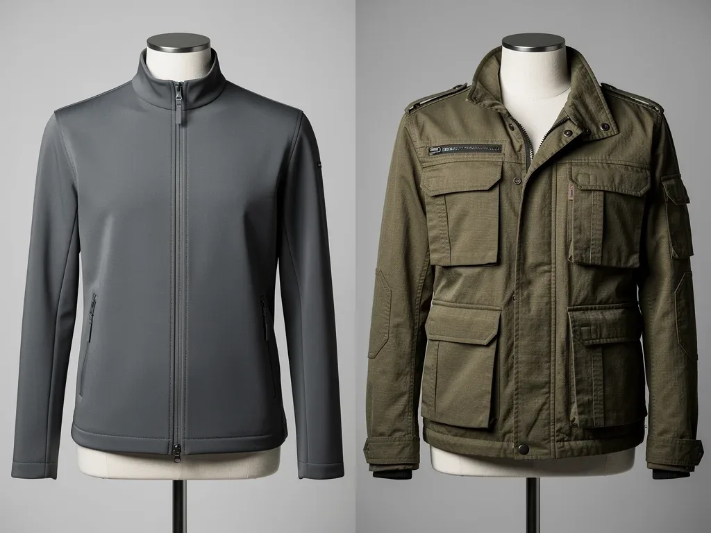 Side-by-side comparison of a minimalist and a utilitarian 2026 casual jacket, highlighting contrasting styles.