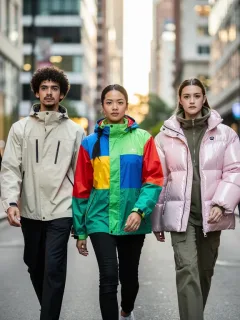 Diverse models showcasing the latest 2026 casual jacket releases in an urban environment, highlighting style and functional design.