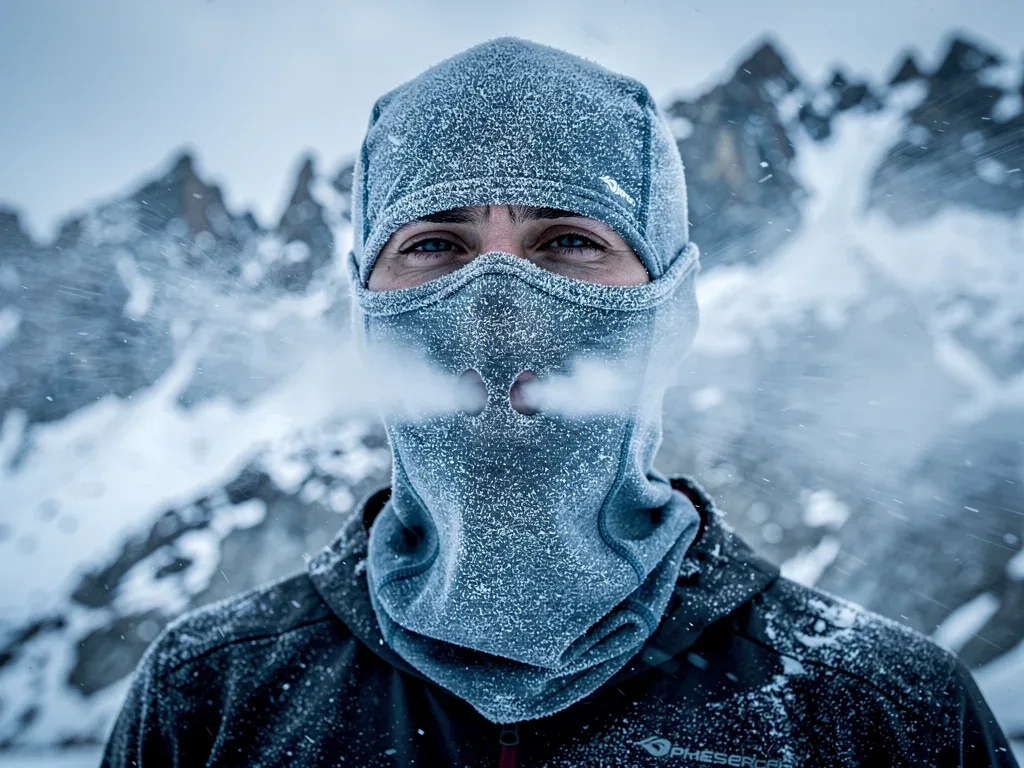 Person wearing balaclava in extreme cold conditions