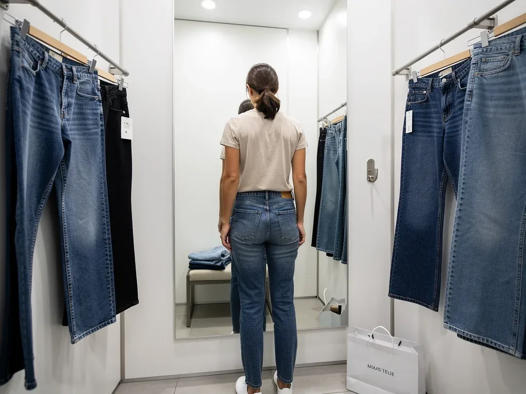 Person trying on different casual denim jeans in fitting room