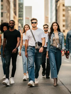 Diverse group in stylish casual denim walking urban street