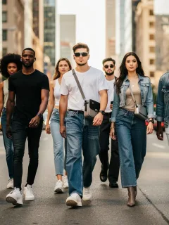 Diverse group in stylish casual denim walking urban street