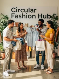 People engaging in clothing exchange at a circular fashion pop-up event, showcasing sustainable style.