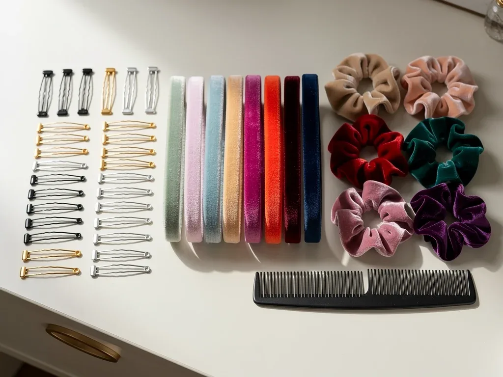 Assortment of essential hair accessories on a vanity table