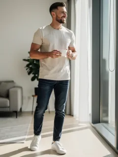 Man wearing a stylish core casual wardrobe with t-shirt, jeans, and sneakers