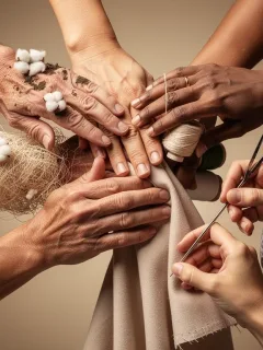 Hands interlocking, representing transparent and ethical supply chain collaboration in casual fashion.