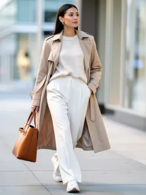 Stylish woman in beige trench coat and white trousers, embodying neutral casual fashion 2026.