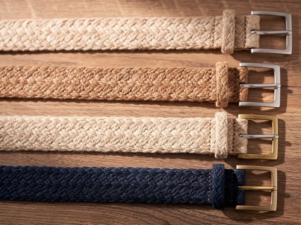 Assortment of woven and braided casual belts in natural colors, showcasing texture and craftsmanship.