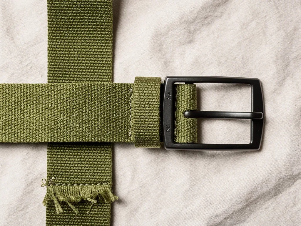 Olive green canvas web belt with a matte black buckle, emphasizing durability and military-inspired casual design.