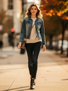 Woman in stylish layered outfit for summer to fall transition