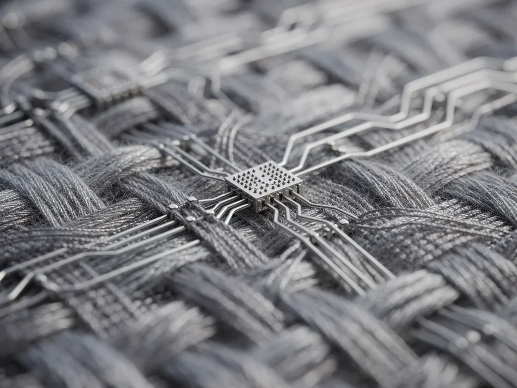 Detailed view of smart fabric with embedded micro-sensors and conductive threads.