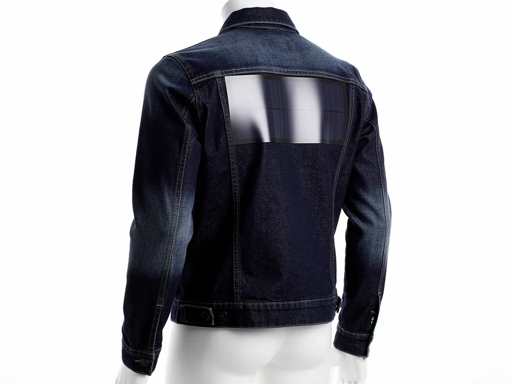 Minimalist denim jacket on mannequin, showing integrated flexible solar panel on back and discreet charging port.