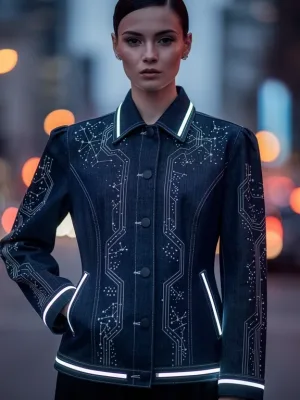 Model in futuristic indigo denim jacket with subtle LED lighting and intricate embroidery, urban setting.