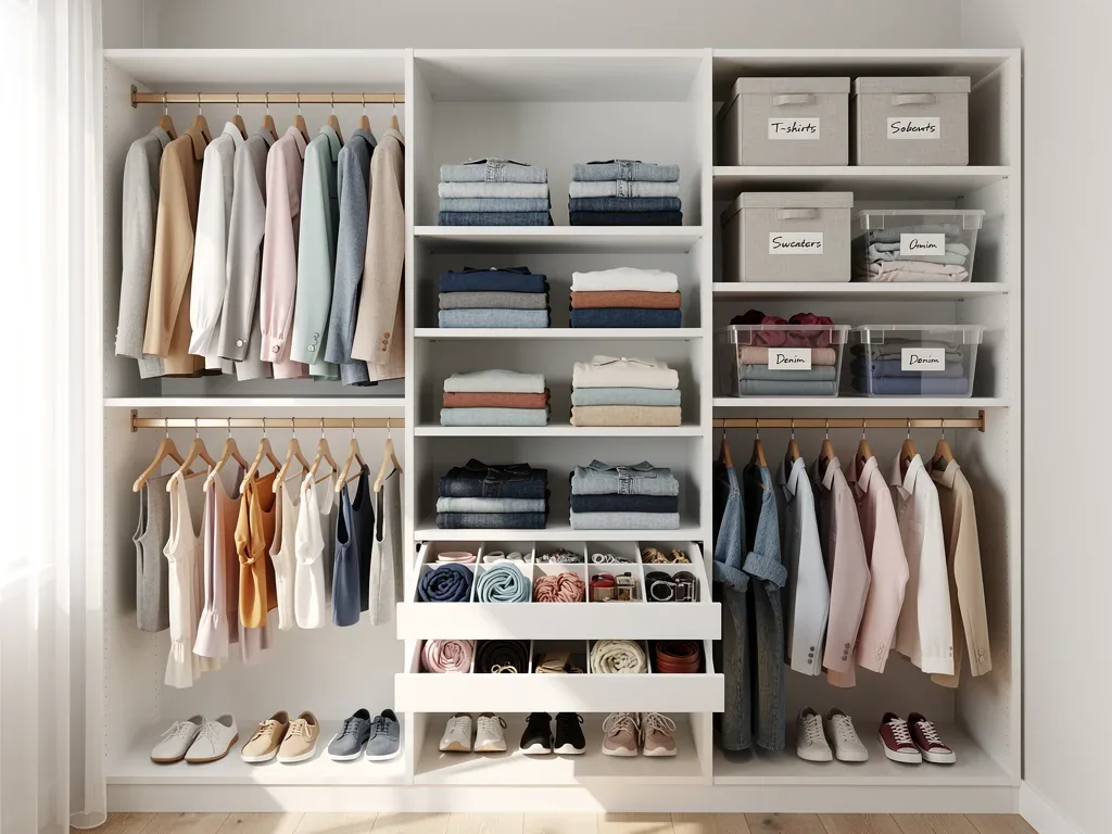 Organized closet with casual clothes, showcasing smart storage for longevity.
