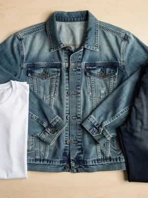 Collection of well-preserved casual garments, denim, cotton, and knitwear, showcasing extended clothing life.