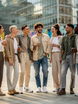 Diverse group wearing gender-fluid casual fashion in urban setting