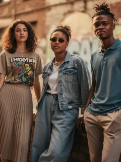 Stylish young adults wearing vintage-inspired casual wear in an urban environment, showcasing 2026 fashion trends.