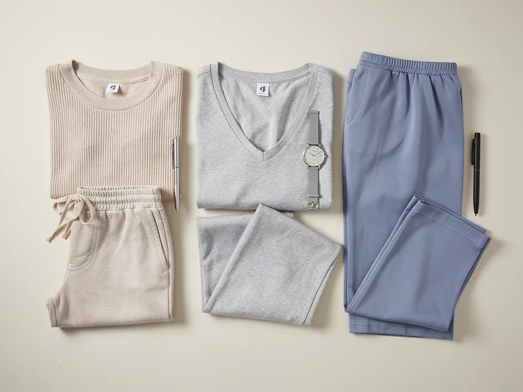 Flat lay of three stylish loungewear sets in neutral tones, ready for work.