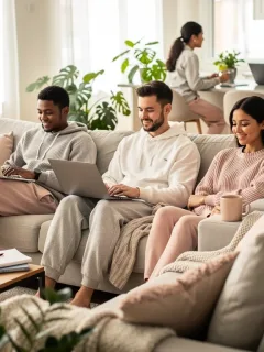 Diverse individuals in stylish work-from-home loungewear sets, comfortably working in modern home offices.