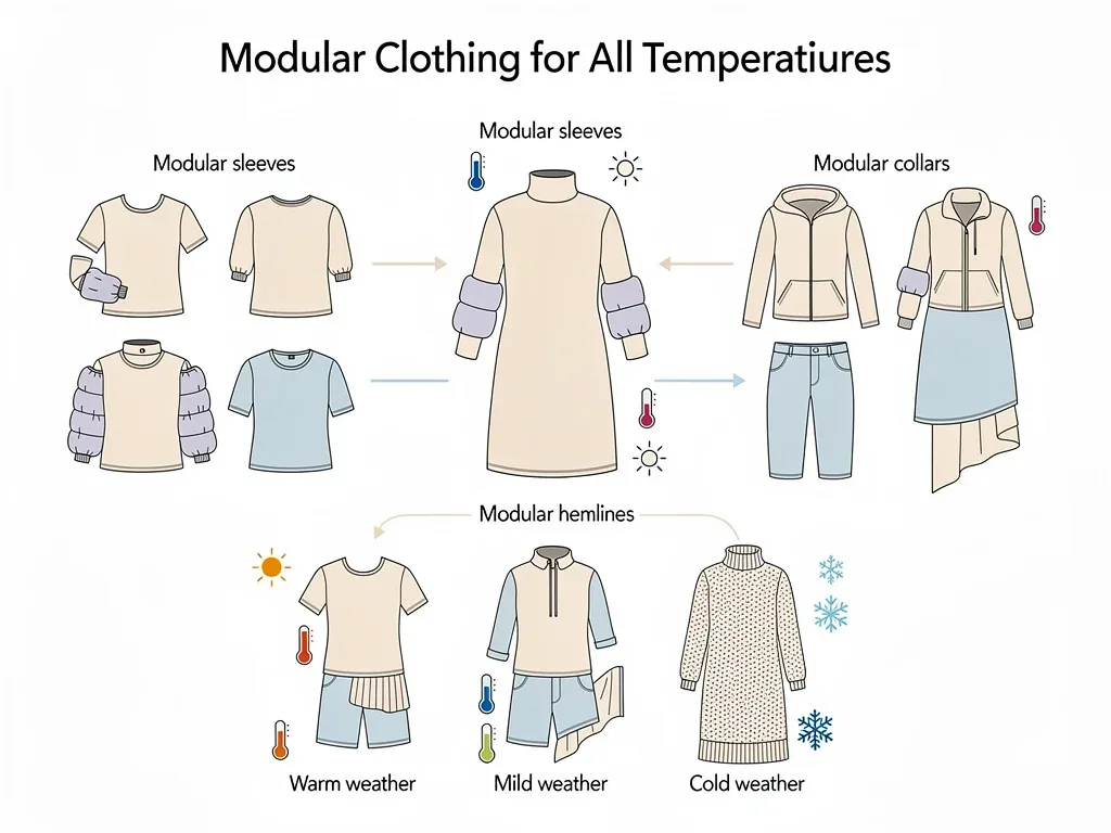 Infographic showing interchangeable modular clothing components creating diverse outfits.
