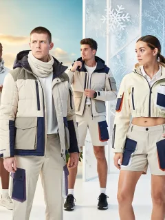 Models demonstrating versatile modular clothing for multi-season wardrobes.