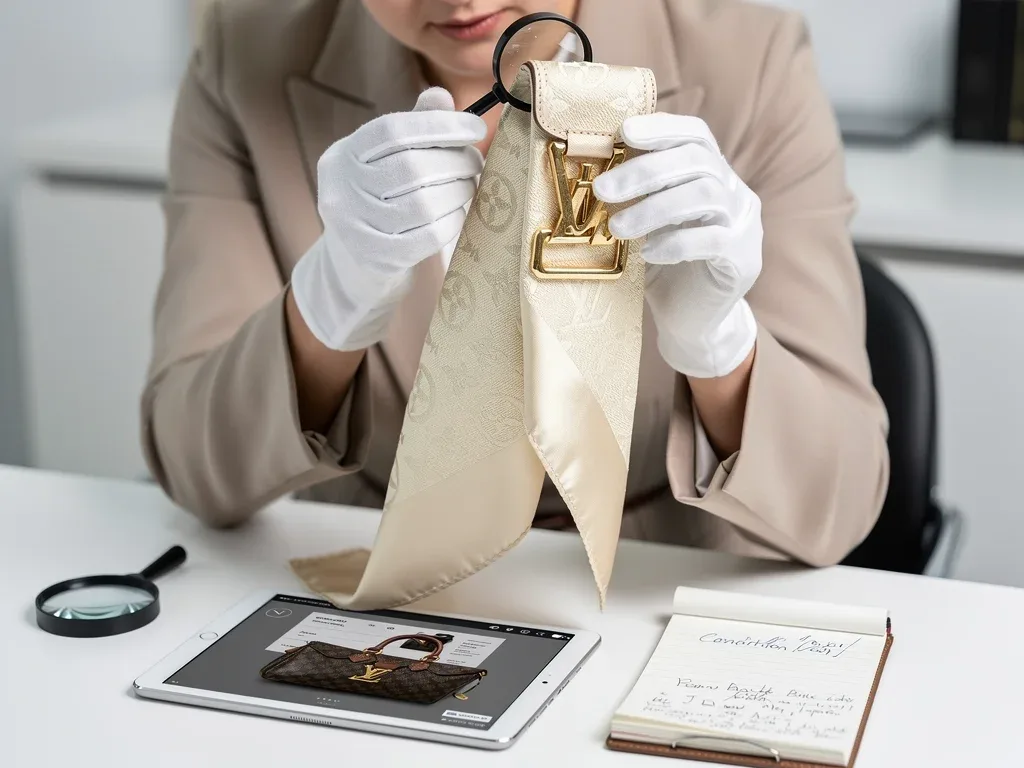 Expert examining a vintage designer bag accessory for authenticity