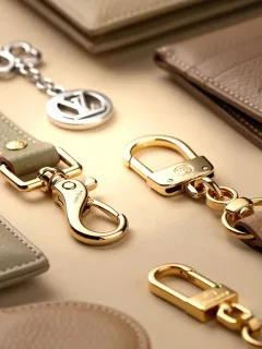 Collection of luxury designer bag accessories shimmering on a velvet background