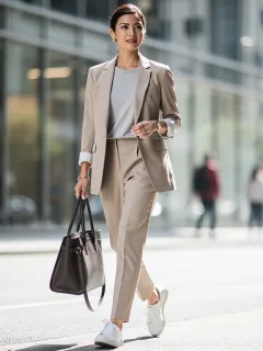 Modern professional woman in smart casual attire, walking confidently