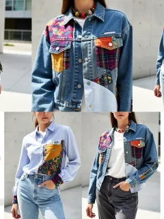 Upcycled fashion garments featuring creative patchwork and reconstructed textiles, displayed on diverse models in a modern urban setting.